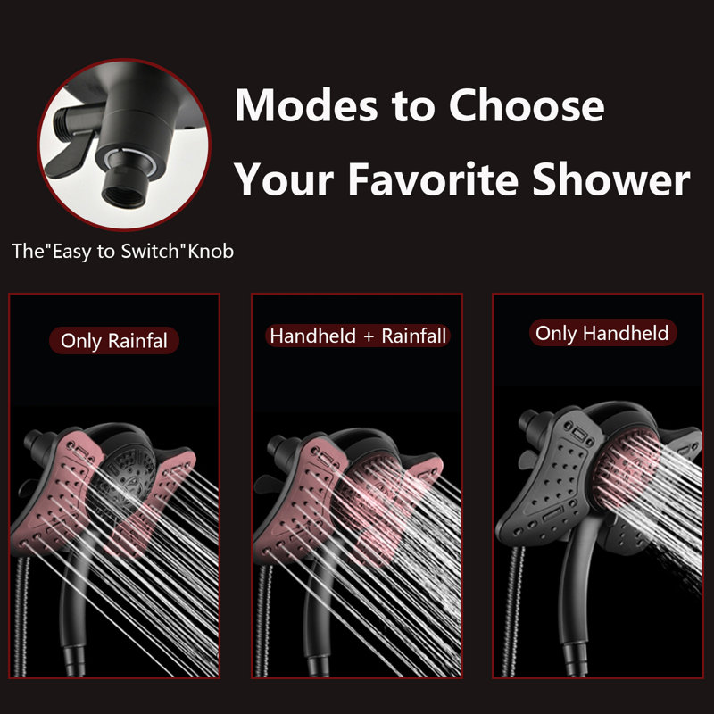 2.5GPM Shower Head With Handheld Spray Combo – 2-In-1 Rainfall Shower Head & High-Pressure Handheld Spray, 9 Spray Modes, Detachable With 60-Inch Hose