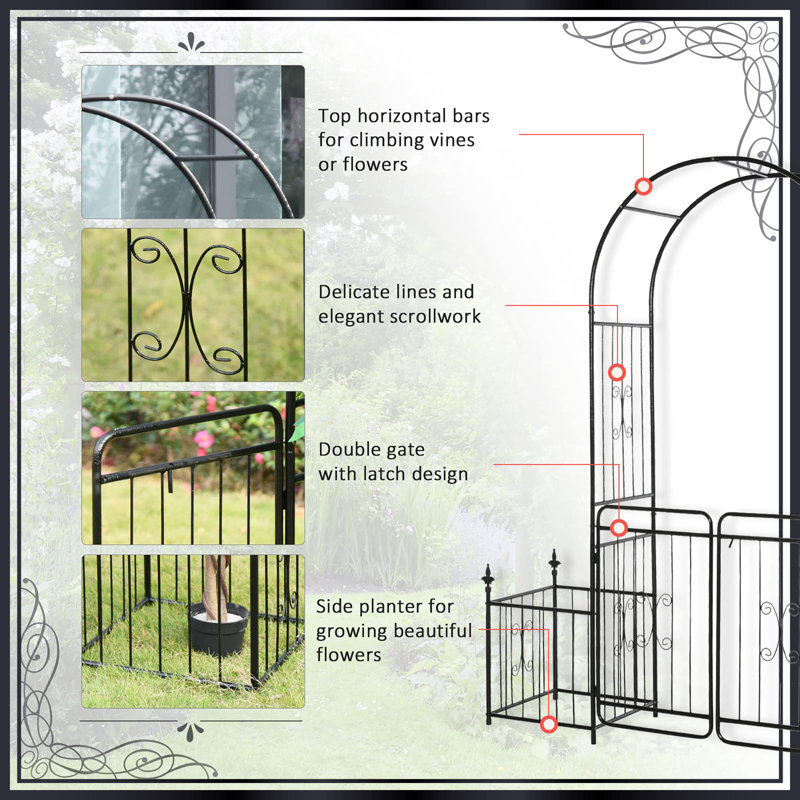 200cm W x 50cm D Metal Arbour with Gate in Black