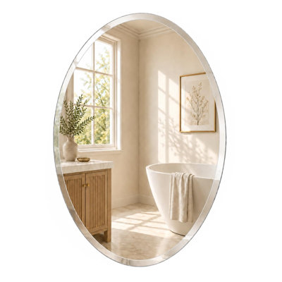 Beveled Frameless Oval Bathroom Vanity Wall Mirror for Bedroom Entryway and Living Room
