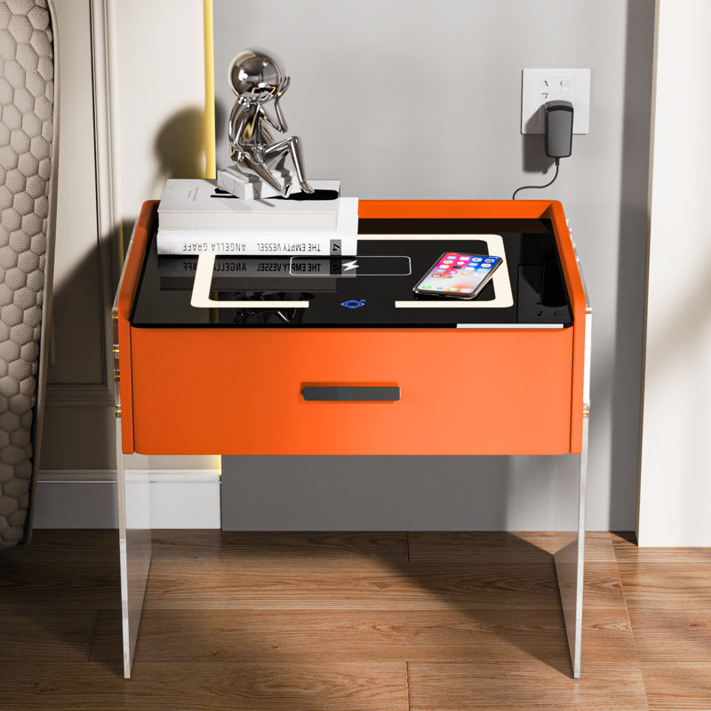 Cyani 1 - Drawer Nightstand with Wireless Charging, LED Lights, Bluetooth Player & Sensor Light, Orange