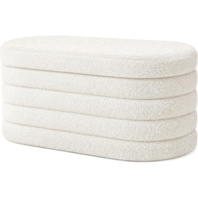 Oval Upholstered Storage Ottoman Bench with Soft Teddy Sherpa Fabric, Rounded Edges, and Hidden Storage for Entryway, Bedroom, Living Room, or Hallway – White