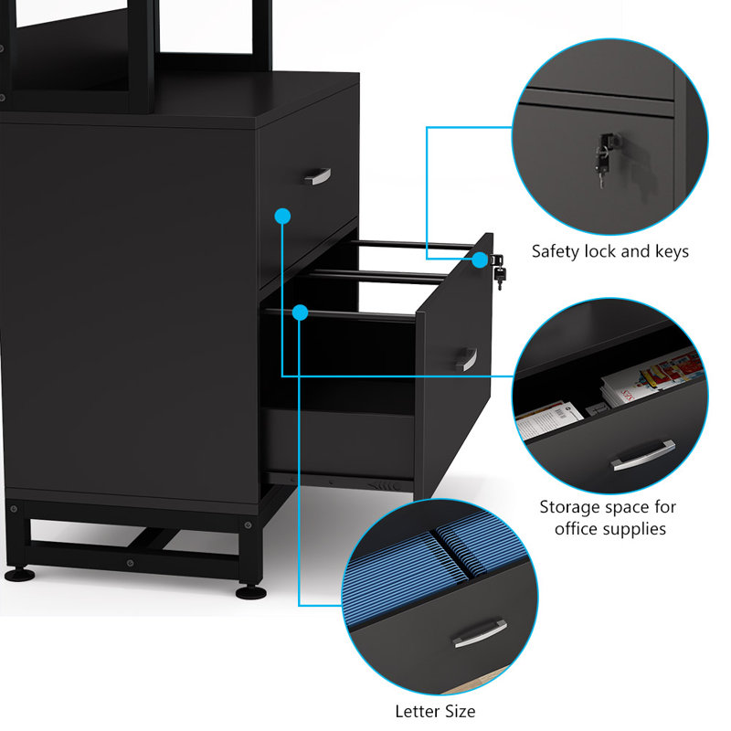 Black Vertical 2-Drawer Lockable File Cabinet with Shelves