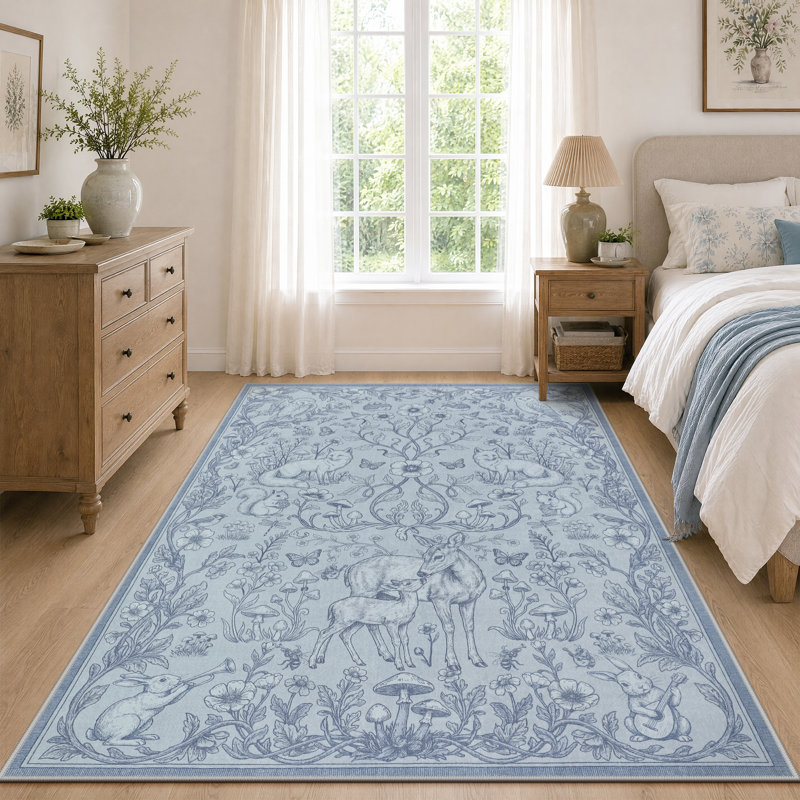 Tapis d'intérieur fantaisie à motif botanique forestier, doux, à poils courts, lavable et antidérapant, 5' × 7', Bleu