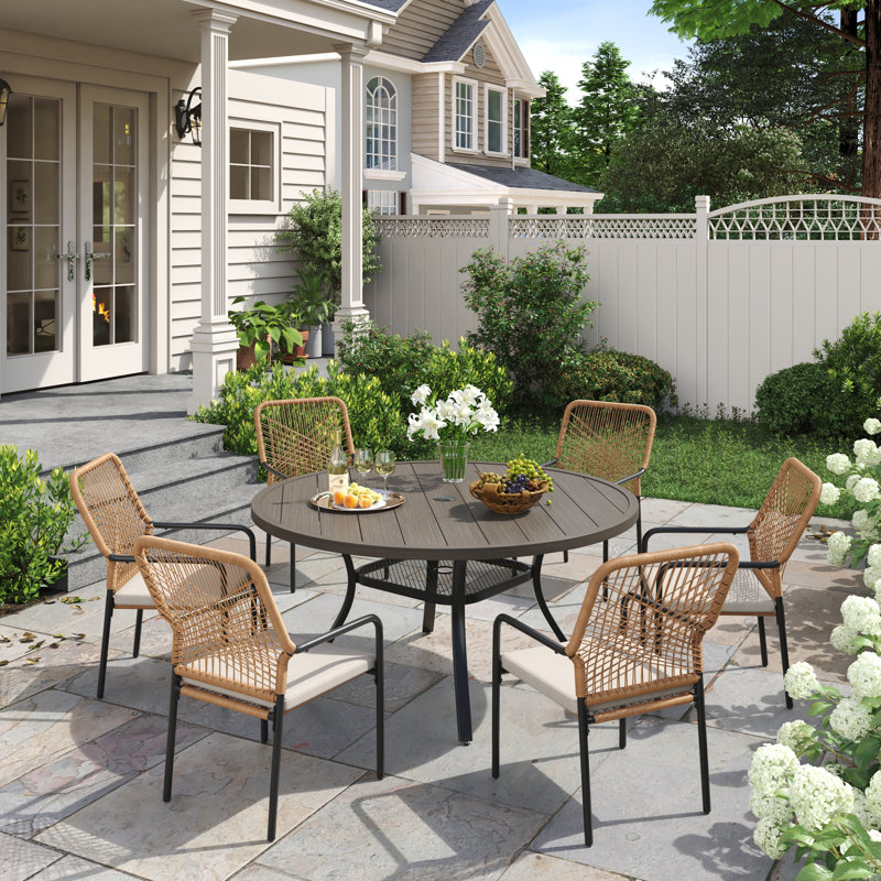 7-Pieces Patio Round Outdoor Dining Set With Wicker Stackable Chair, Gray Woodlike