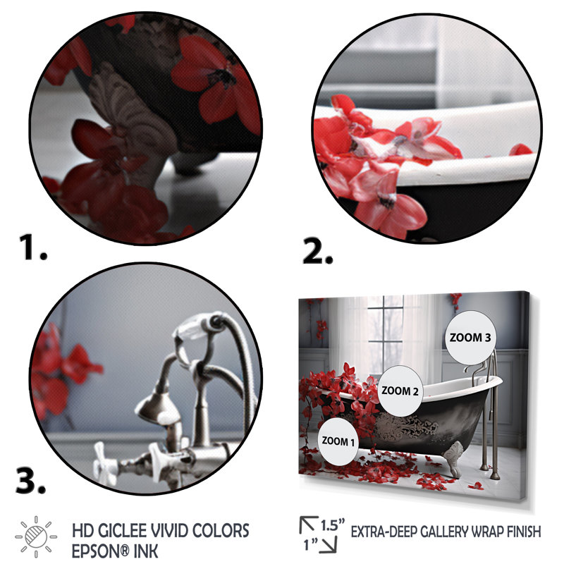 «Red Floral Bath I» - Art mural pour la lessive dans le salon, Toile tendue, H 12 po x l 20 po x P 1 po