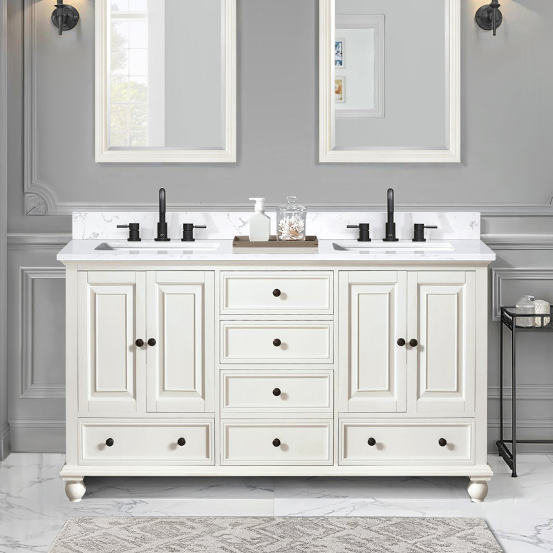 Thompson 61" Double Modern Bathroom Vanity Set, French White, Cala White, 60"