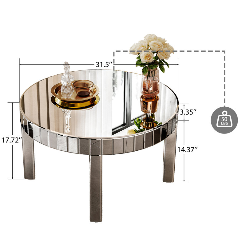 Table basse ronde miroir de 80 cm (31,5 pouces), design éblouissant, base stable, montage rapide. Parfait pour les espaces de bureau. Surface et bords lisses, conçu pour une utilisation durable dans les intérieurs modernes.
