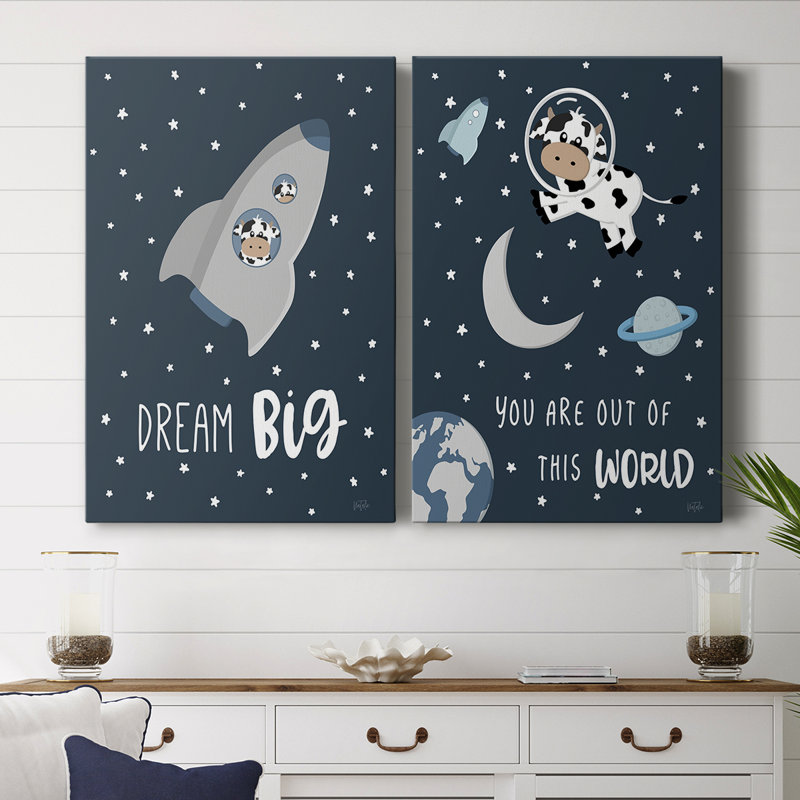 Vache dans l'espace I - Toile tendue avec châssis de qualité supérieure - Prêt à être accroché, H 48 po x l 64 po