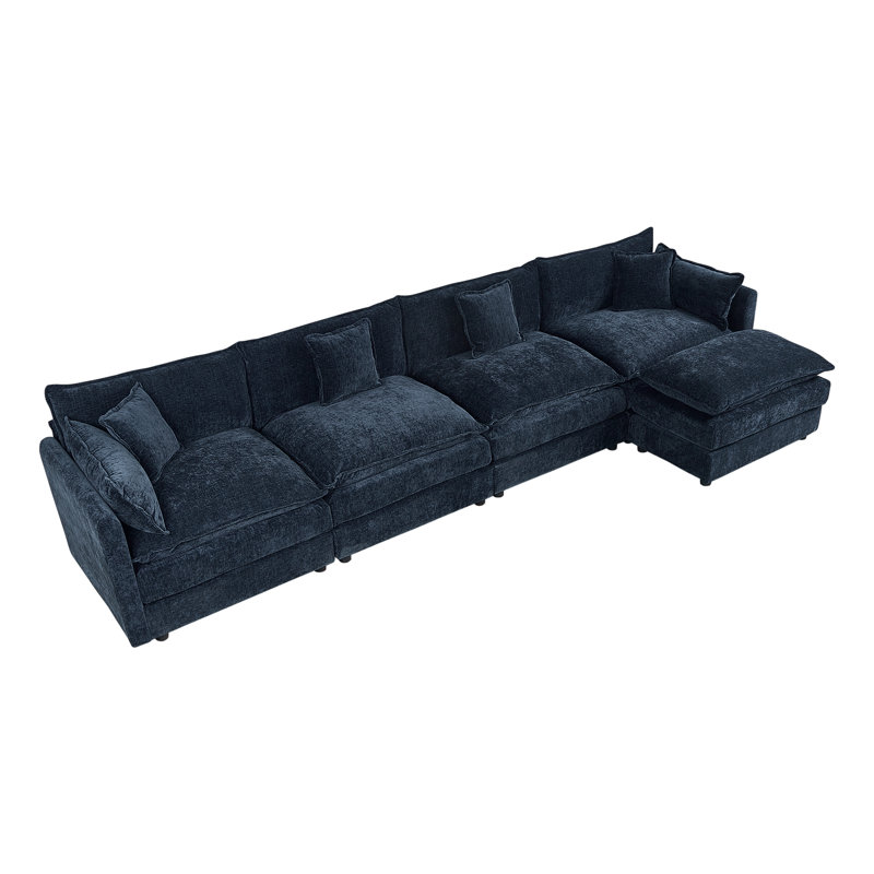 Modern Chenille Loveseat Sofa Couch With Ottoman, 33.85" H x 147.22" W x 35.82" D, Blue Chenille