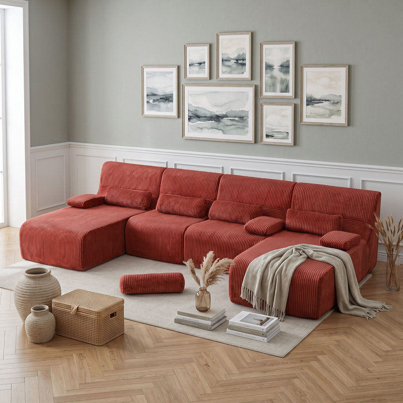 Corduroy U-Shaped Sectional Symmetrical, Rouge