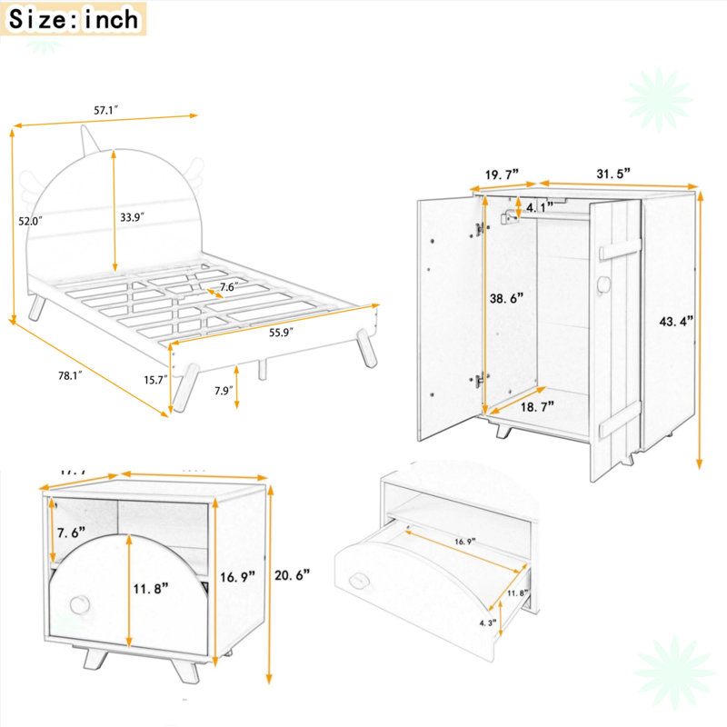 Ensemble de chambre à coucher 3 pièces avec lit plateforme et table de chevet, Double TG