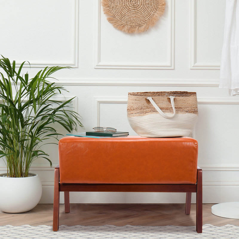 Tabouret en bois rembourré Mid Century, Orange