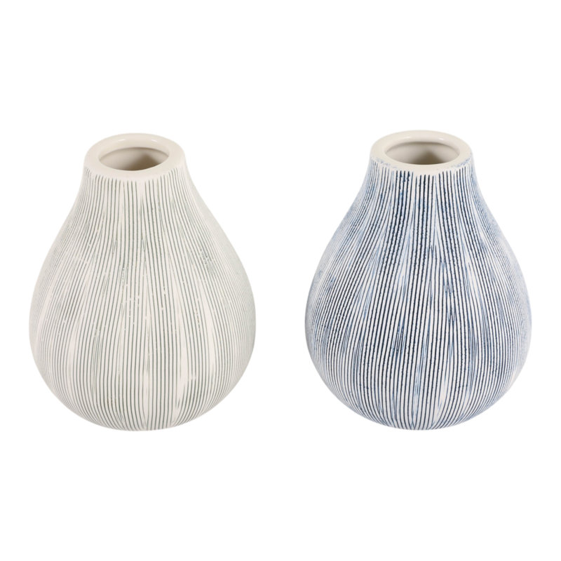 Vases hauts décoratifs en céramique gravée en forme de larme, parfaits pour la décoration intérieure - Vases artistiques pour la table du salon - Lot de 2, 12,5 cm, bleu et vert
