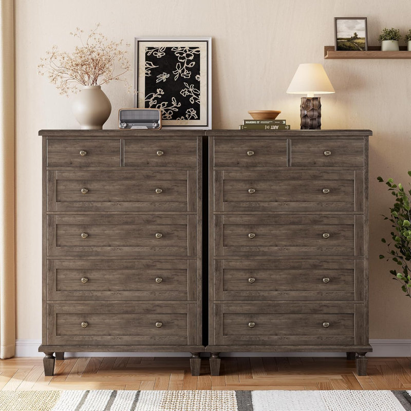 Vintage 6-Drawer Tall Dresser with Tapered Legs, Wood Chest, Grey, Gray