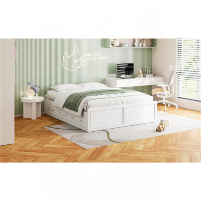 Structure de lit plateforme en bois grand format avec 6 tiroirs, blanc