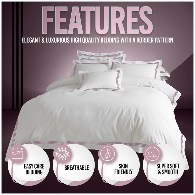 Cotton Blend Duvet Cover with Pillowcases, Kingsize Duvet Cover + 2 Standard Shams, White/Pink