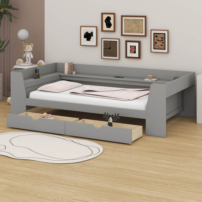Lit de jour simple avec station de charge intégrée, cadre de canapé-lit en bois avec tablettes et tiroirs, Gris
