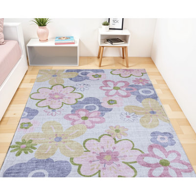 7' X 10' Pink Gray and Purple Juvenile Flowers Youthful Area Rug