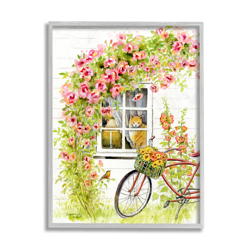 Vélo rose avec chalet charmant pour chat, Estampe numérique Farmhouse, H 14 po x l 11 po