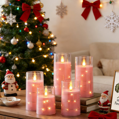 5 PCS Flickering Flameless Candles With String Lights, Battery Operated Candles, Embedded String Lights LED Candles, Candle With Remote, Pink, D3"xH4"5"6"6"6"