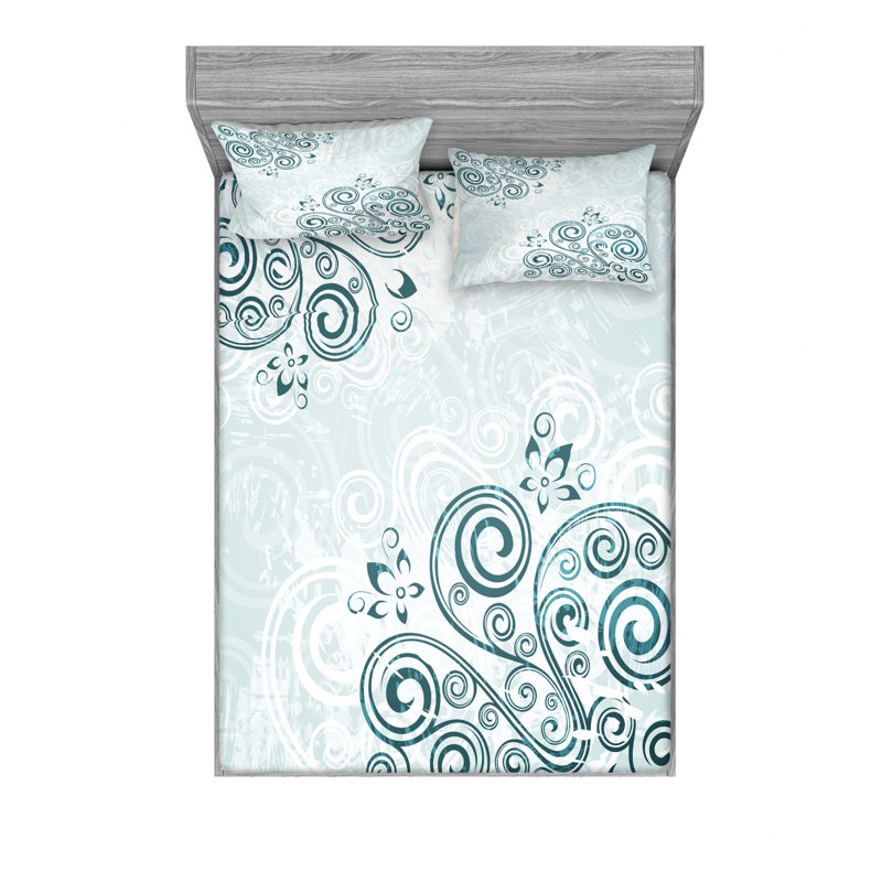 Microfiber Floral Sheet Set, Full/Double Sheet Set with Fitted Sheet, Vintage Inspired Swirled Lines Floral