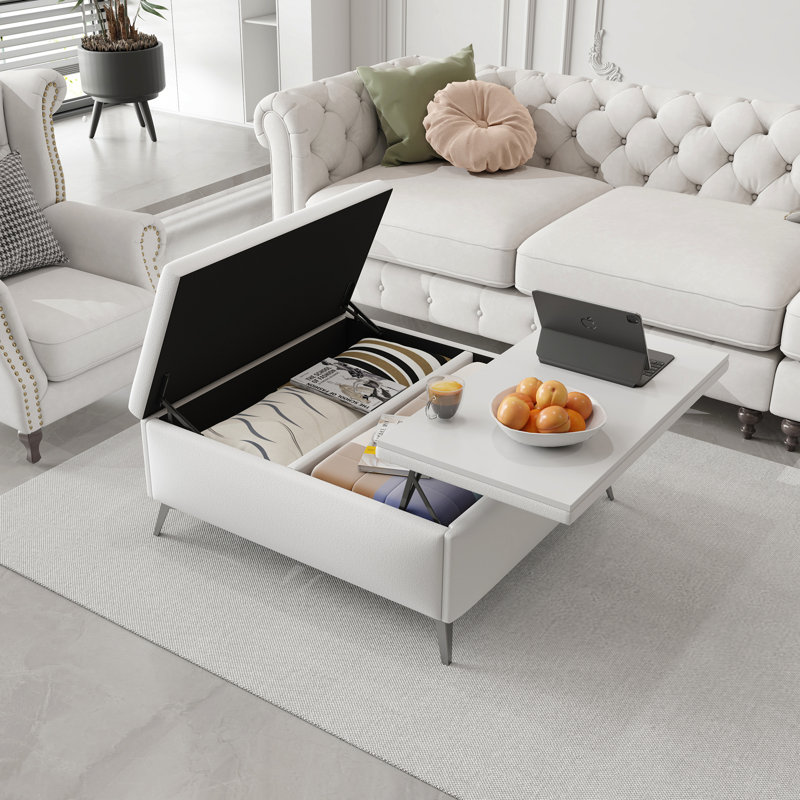 Table basse large avec bancs de rangement carrés et repose-pieds de rangement surdimensionné