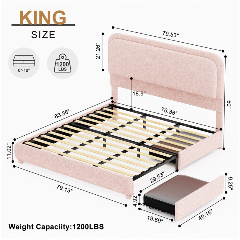 LED Teddy Fleece Platform Bed Frame with 2 Free-Combination Storage Drawers, Pink, Queen