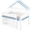 Lit mezzanine double blanc et bleu avec auvent, structure en bois, grand espace de rangement pour équipement de jeu avec toit à baldaquin, construction, accessoires de chambre à coucher-343529459