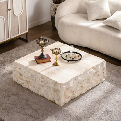 Table basse ronde, style milieu du siècle, design imitation pierre, idéale pour appartement, surface lisse, structure rigide, aucun assemblage requis, profondeur 35,29 cm, couleur pierre vintage beige, pour salon.