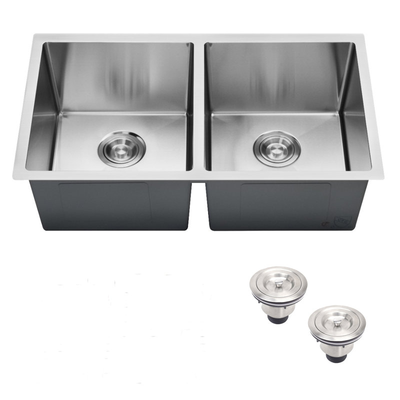 Évier de cuisine en acier inoxydable à double cuve encastrable L 32 po x l 18 po avec crépine