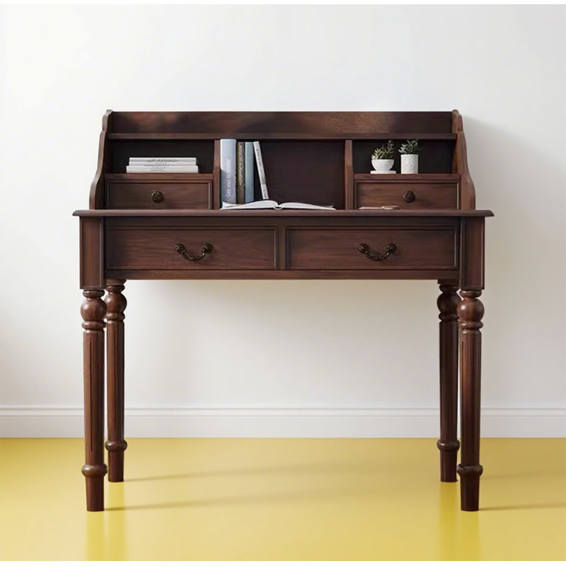 Bureau en bois d'hévéa de style américain avec bibliothèque de bureau, H 44,1 po x l 31,5 po x P 19,7 po, Brun