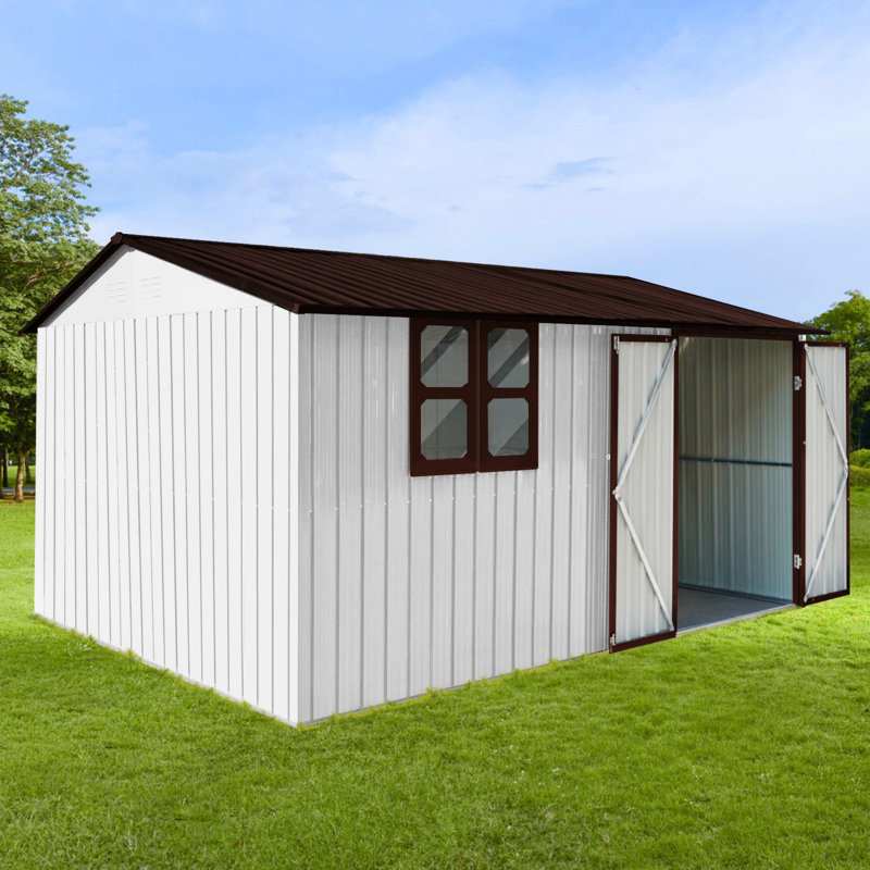 Metal Garden Sheds 12Ftx10ft Outdoor Storage Sheds White+Black With Window With Sliding Door, White/Dark Brown