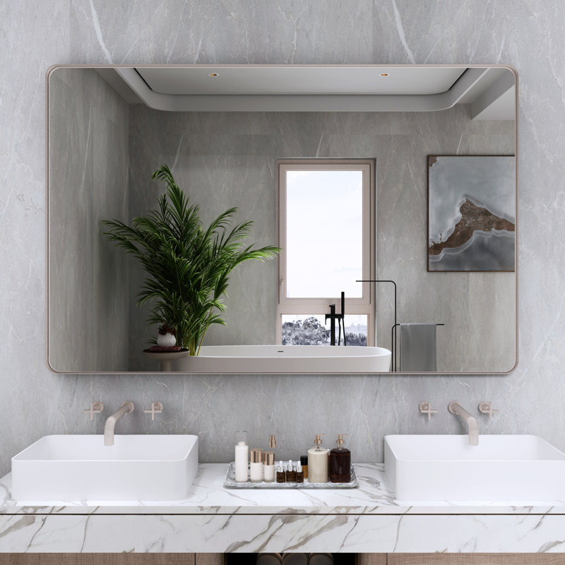 Lesamuel Filleted Corner Wall Mounted Bathroom and Vanity Mirror with Aluminum Frame, Rectangle, Brushed Nickel, 36" x 55"