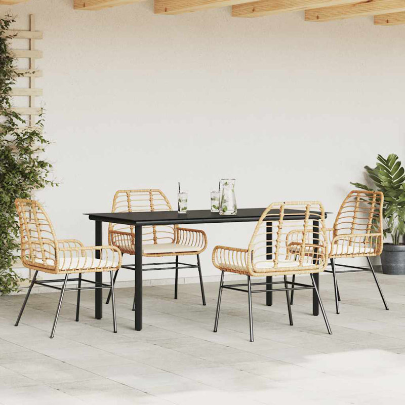 Ensemble repas de patio avec coussins en verre et poly rotin, Blanc / Brun, H 29,1 po x l 31,5 po x L 63 po, 4