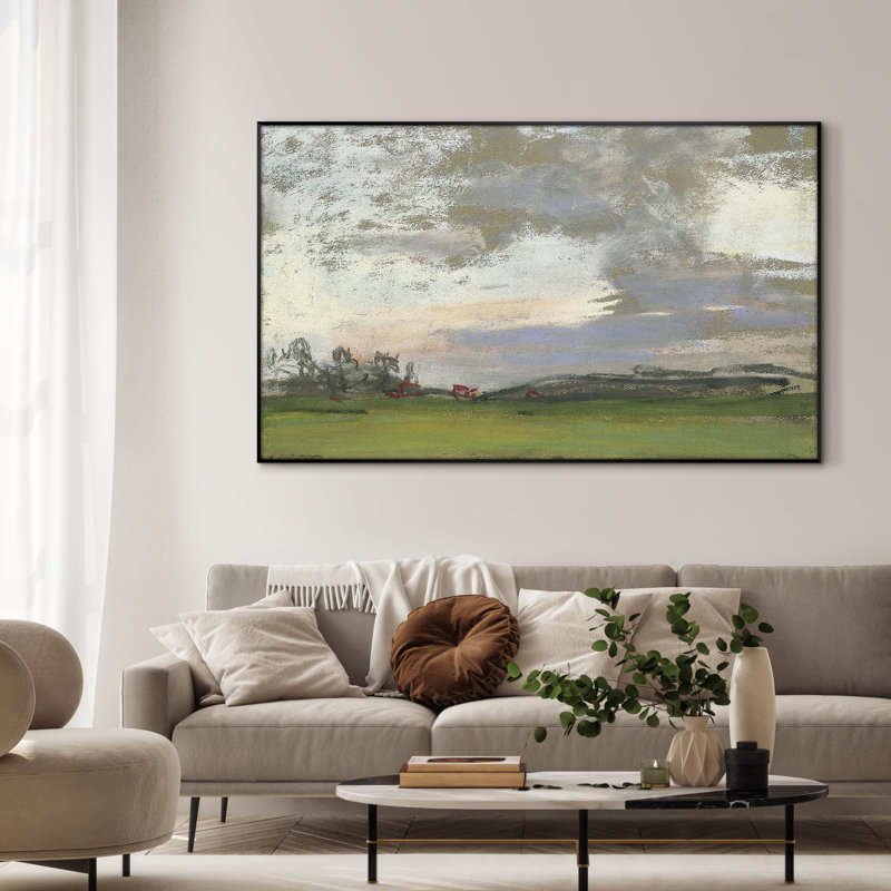 «Pastel Landscape with Rolling Fields and Calm Sky Home Decor», très grand imprimé mural encadré (assemblage requis)