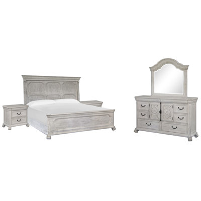 Très grand lit à panneaux 2 tables de chevet et commode avec miroir