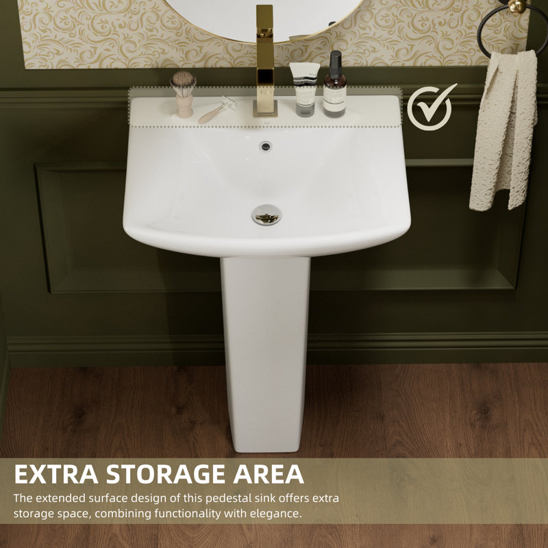Los Flexi 24" x 19" Ceramic Rectangular Pedestal Sink with Overflow, Single Pre-Drilled Faucet Hole