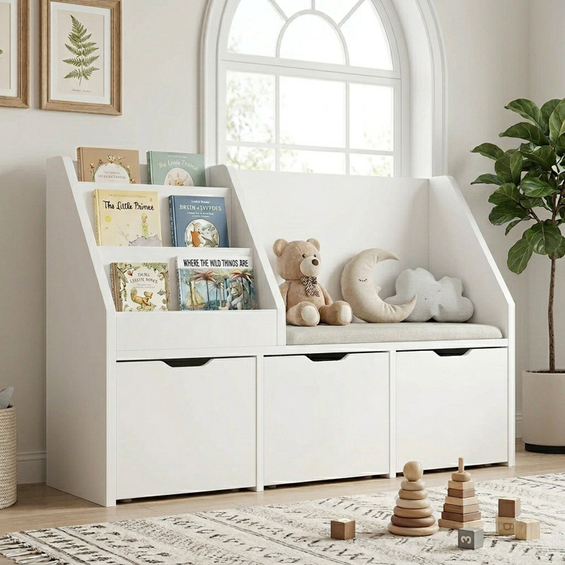Bibliothèque pour enfants de 39 po de largeur avec coussin souple, 3 tiroirs, 3 tablettes, roues amovibles et rangement pour jouets