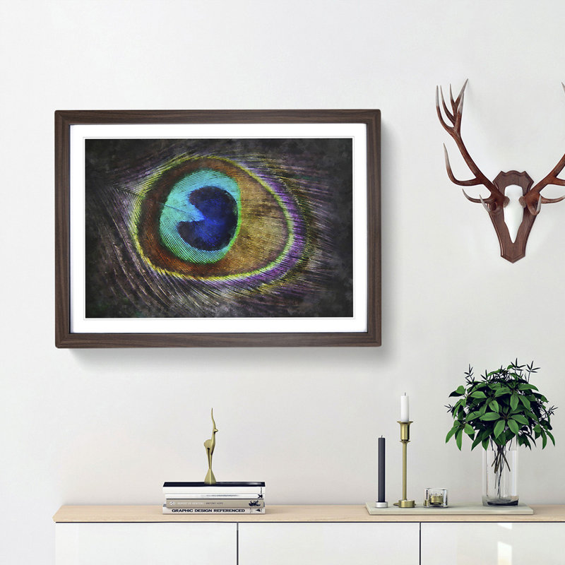 Delicate Peacock Feather - Picture Frame Graphic Art Print, Walnut Framed, 33cm H x 45cm W x 2cm D