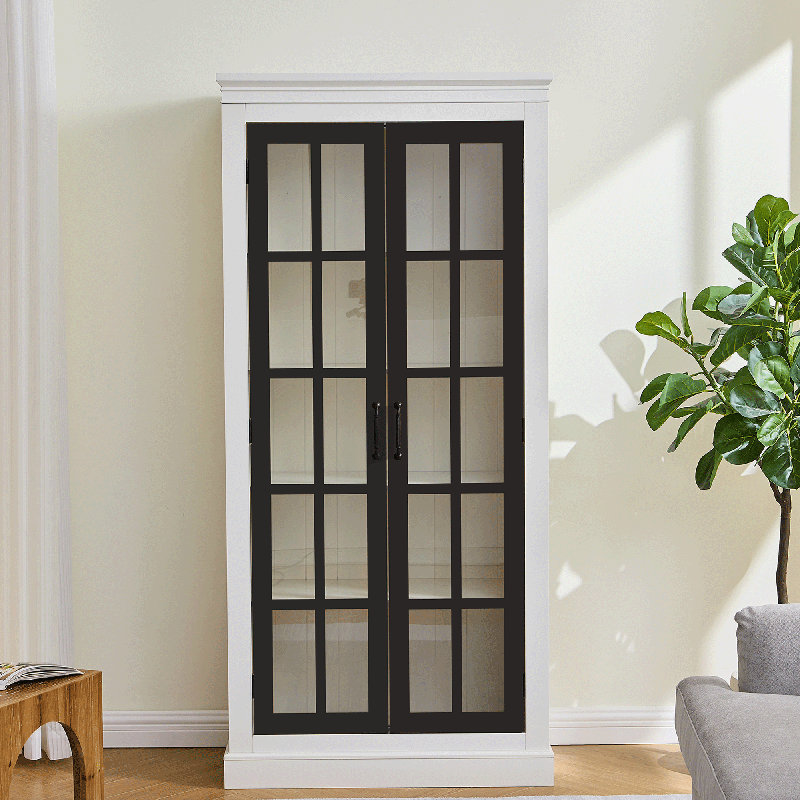 71.2" Freestanding Glass Door Pantry, Farmhouse Storage Display Cabinet, White