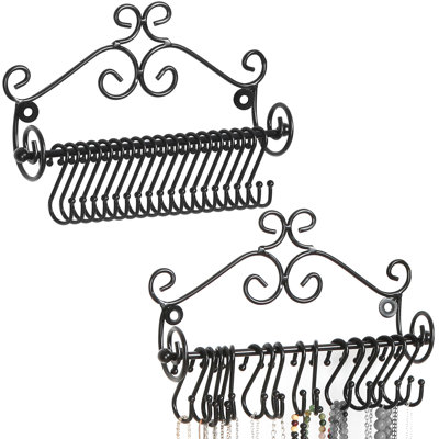 Wall Mounted Jewelry Holder – Set of 2 Black Metal Scrollwork Necklace and Bracelet Organizer with 20 S-Hooks