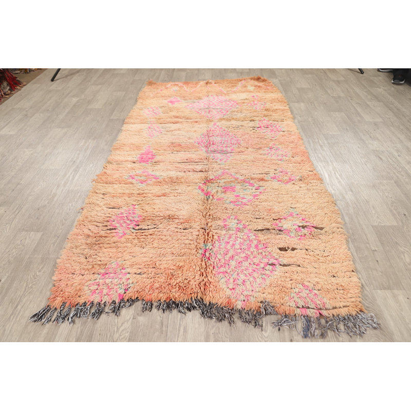 Tapis décoratif en laine de conception unique 4 pi 6 po x 8 pi 8 po noué à la main 1970s