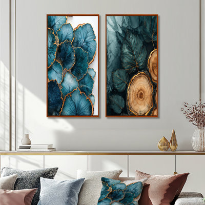 Agate, rivière de feuilles, glissade sur bois I - collection d'art mural floral 2 panneaux