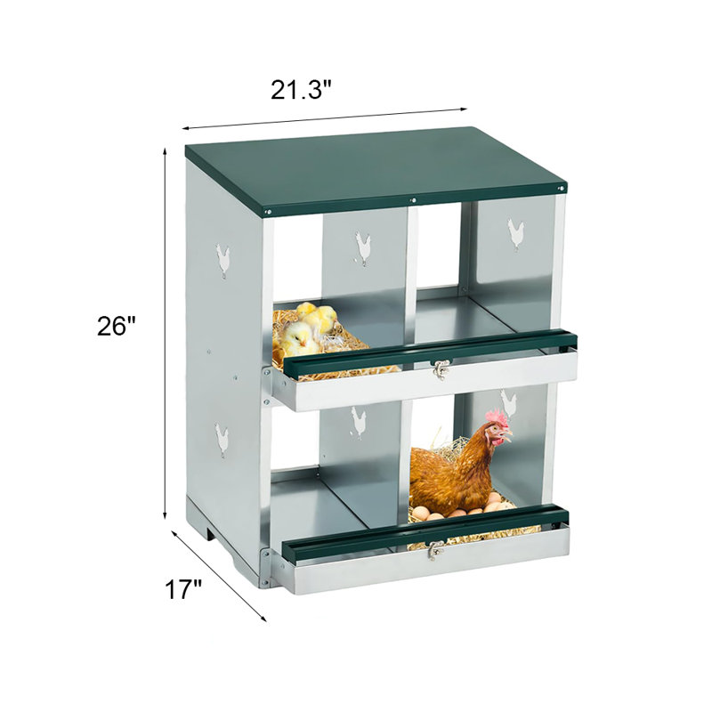 Boîte de nidification en métal pour poulets avec grands trous aérés, H 26 po x l 21 po x P 17 po, Vert