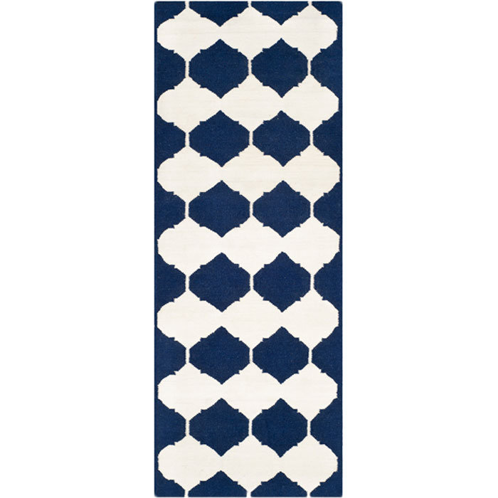 Rodgers Hand Woven Flat Weave Banana Silk/Wool/Cotton Geometric Rug in Ivory/Navy, Runner 2'6" x 9'