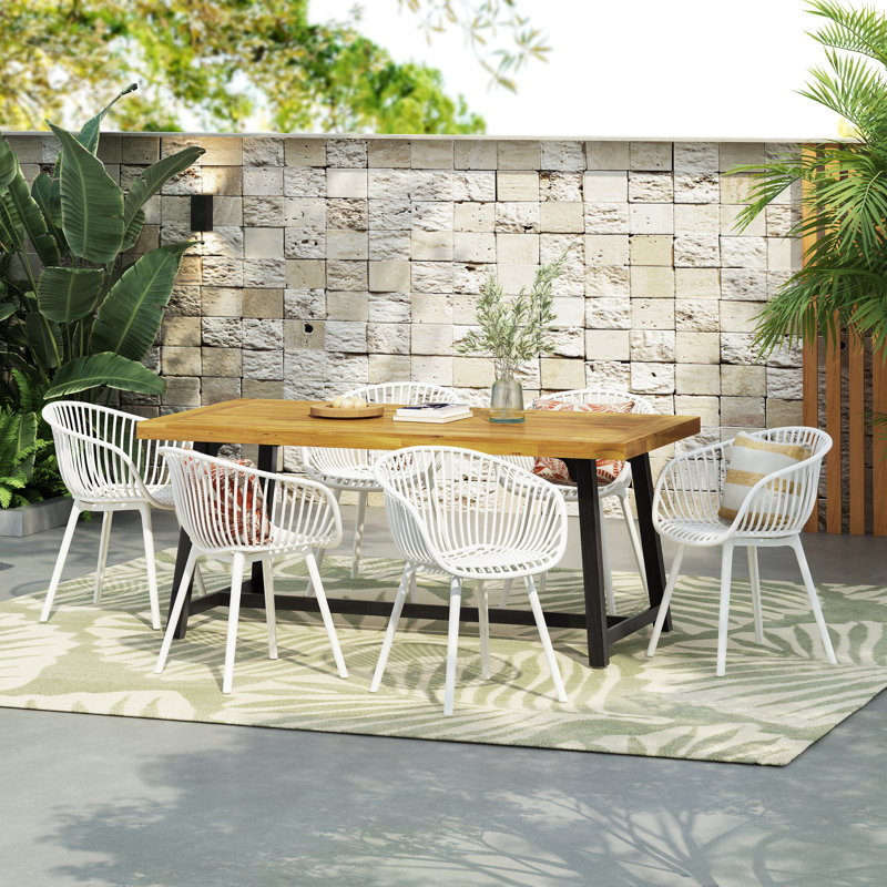 Malachi Outdoor Wood & Plastic 6-Seater Dining Set, White