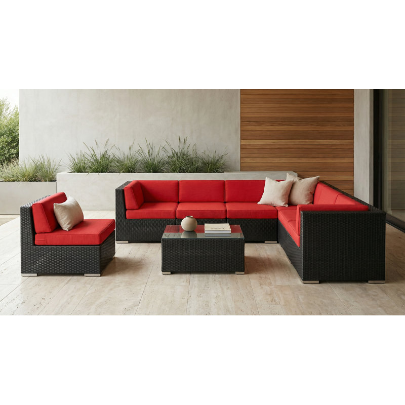 Ensemble de conversation en osier pour 7 personnes avec coussins Billyjo Wicker, Noir, Toile Sunbrella® rouge Jockey