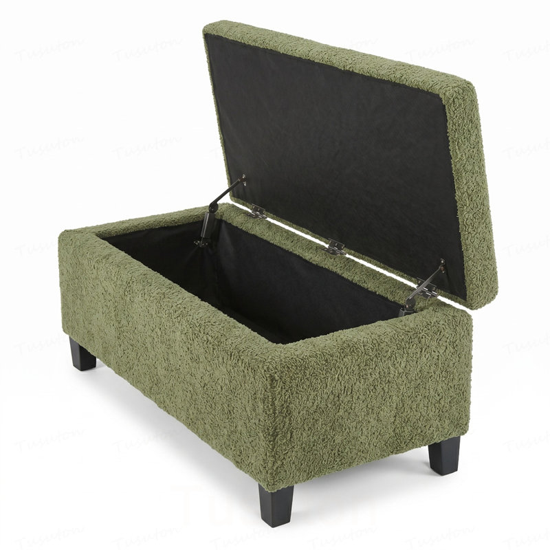 Repose-pieds de rangement avec couvercle rabattable, assemblage facile, pieds bouclés en tissu et bois d'hévéa, vert rétro