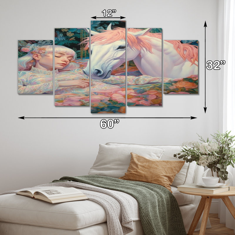 «Sleeping With The Unicorns» - art mural de salon Licorne fantastique - 5 panneaux