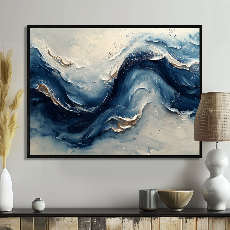Encre bleue et grise, vagues de la rivière - peinture abstraite, art mural, H 30 po x l 40 po, Noir, noir, noir, noir